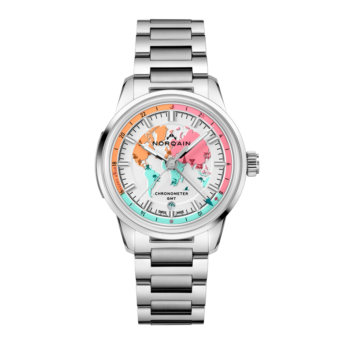 Designed for travellers at heart, this NORQAIN Freedom GMT pairs a playful white dial with a colourful GMT display, all powered by the COSC-certified NN20/2 manufacture movement.