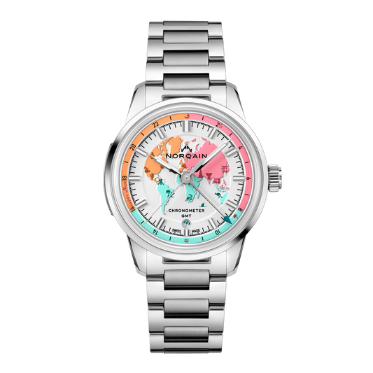 Designed for travellers at heart, this NORQAIN Freedom GMT pairs a playful white dial with a colourful GMT display, all powered by the COSC-certified NN20/2 manufacture movement.