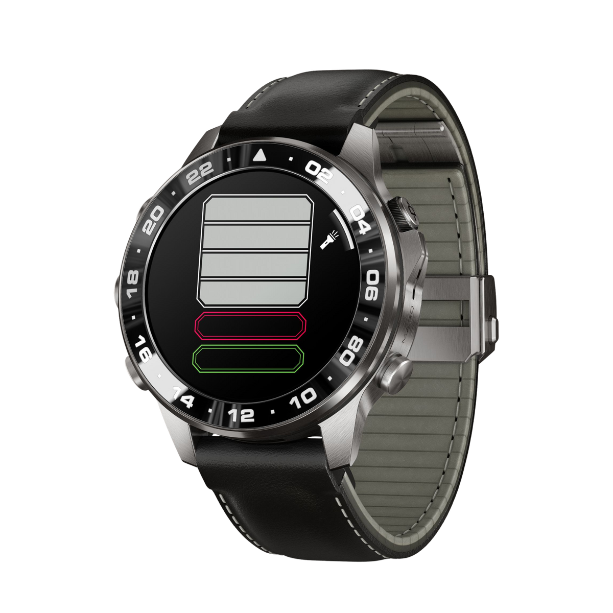 A domed sapphire crystal protects the vivid 1.4-inch AMOLED touchscreen display, while dedicated aviation functionality includes dynamic flight mapping.