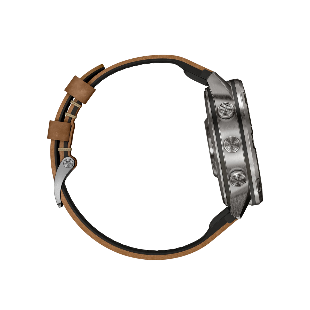  A premium hybrid strap combining leather with durable rubber completes this refined yet adventure-ready smartwatch.