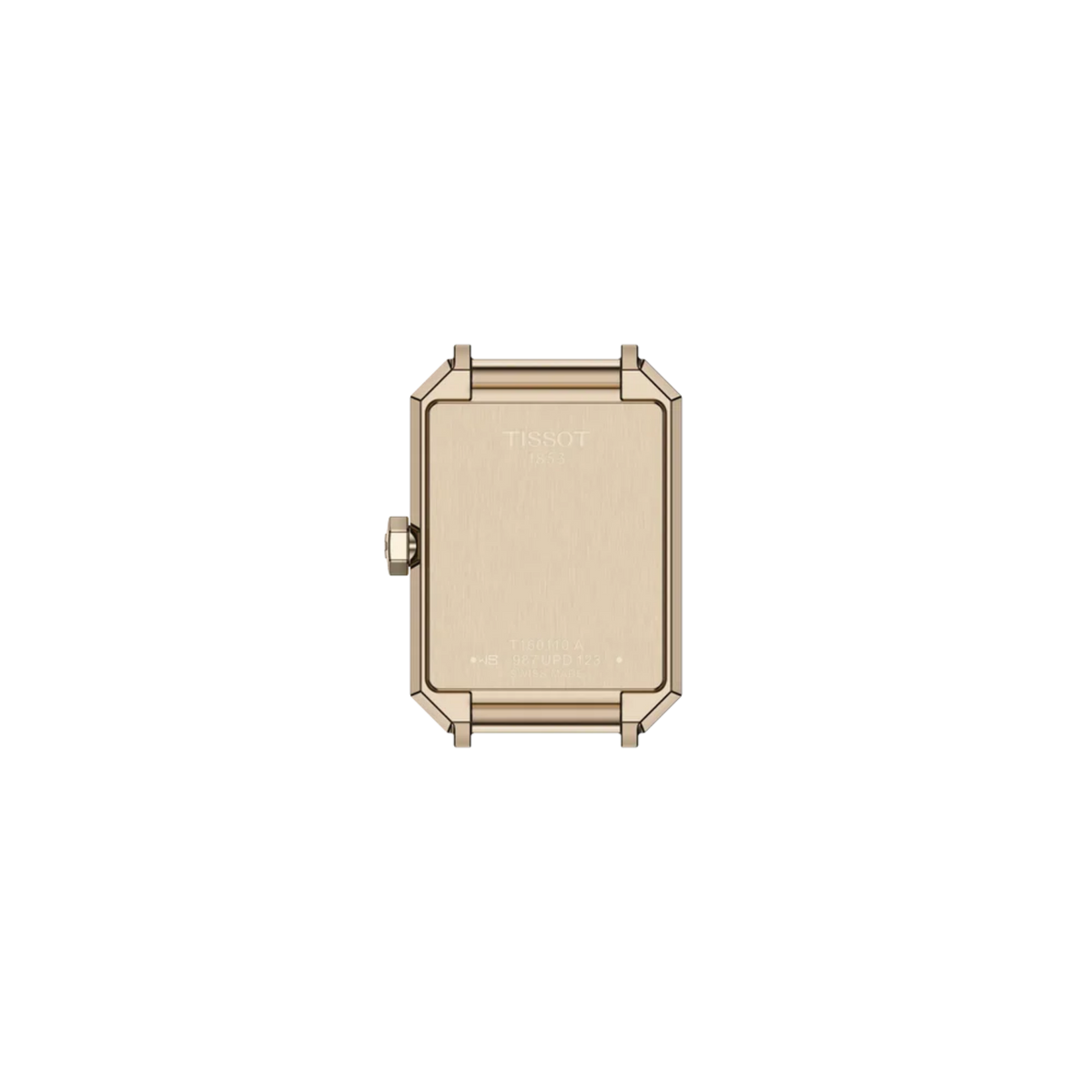 Case back of the Tissot Lovely Square watch in a polished rose gold-tone finish with engraved branding and model details.