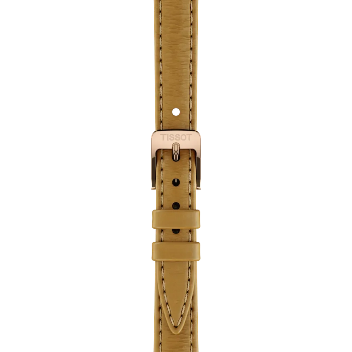 Close-up of the Tissot Lovely Square tan leather strap featuring contrast stitching and a rose gold-tone pin buckle with Tissot branding.