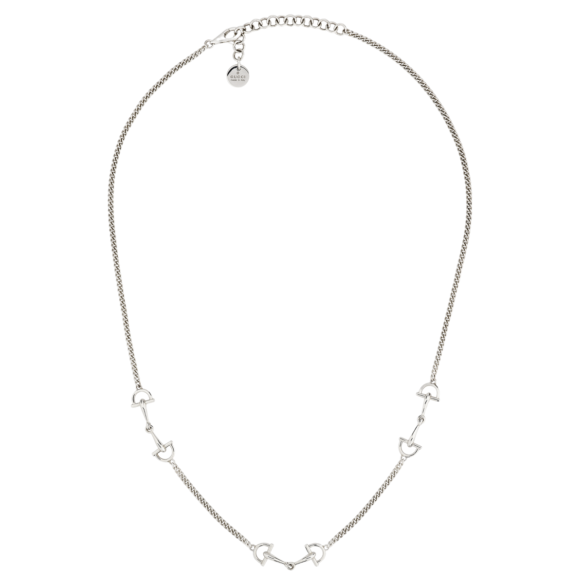 Gucci Staffa necklace in polished 925 sterling silver featuring articulated stirrup-inspired motifs on a fine chain with an adjustable lobster clasp.