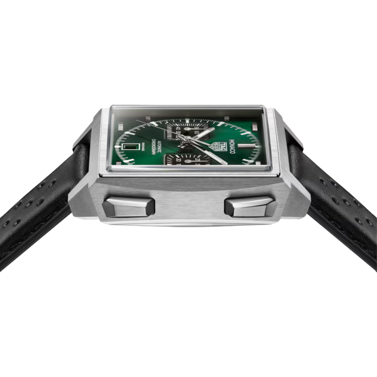 Side profile of the TAG Heuer Monaco Chronograph showcasing the slim square stainless steel case, domed crystal, and chronograph pushers.