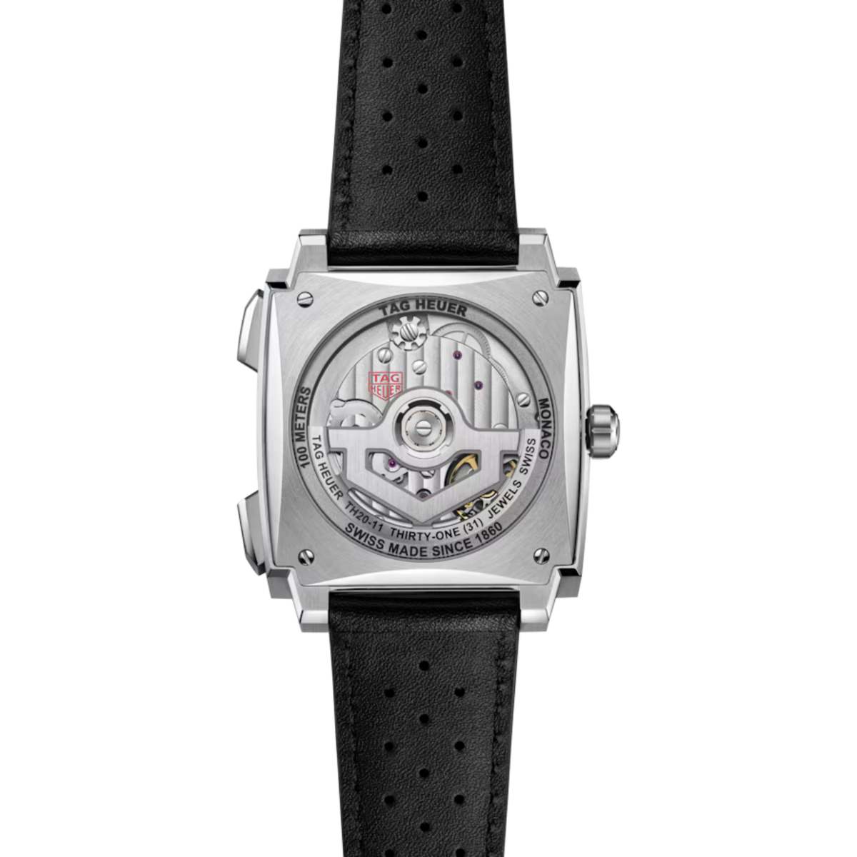 Exhibition case back of the TAG Heuer Monaco Chronograph revealing the automatic movement through a sapphire crystal display back.