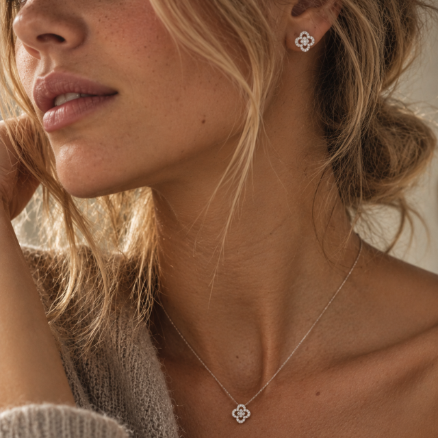 18ct White Gold Diamond Set Clover Pendant Necklace