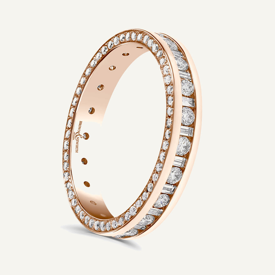 Round Brilliant & Baguette Cut, Channel Centre, Micro Pave Edge Diamond Eternity Ring