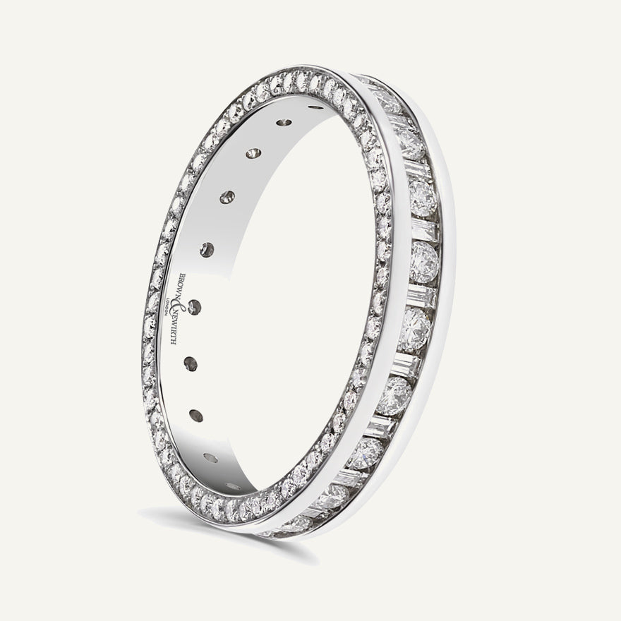 Round Brilliant & Baguette Cut, Channel Centre, Micro Pave Edge Diamond Eternity Ring