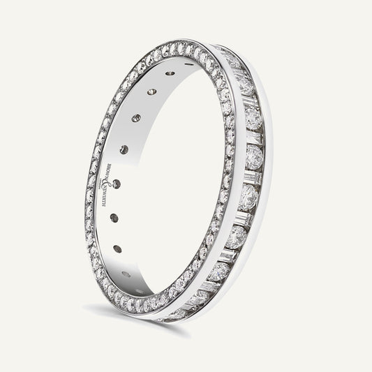Round Brilliant & Baguette Cut, Channel Centre, Micro Pave Edge Diamond Eternity Ring