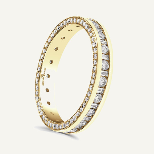 Round Brilliant & Baguette Cut, Channel Centre, Micro Pave Edge Diamond Eternity Ring