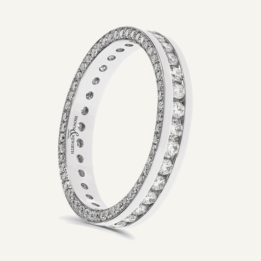 Round Brilliant Cut, Channel Centre, Micro Pave Edge Diamond Eternity Ring