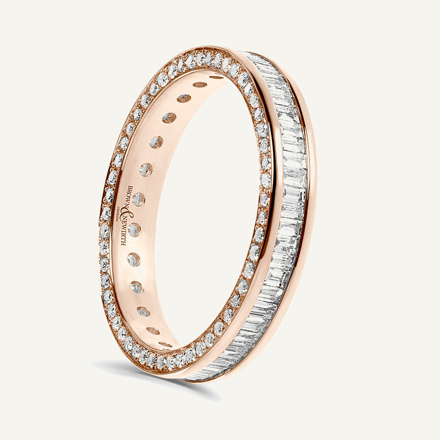 Baguette & Round Brilliant Cut, Channel Centre, Micro Pave Edge Diamond Eternity Ring