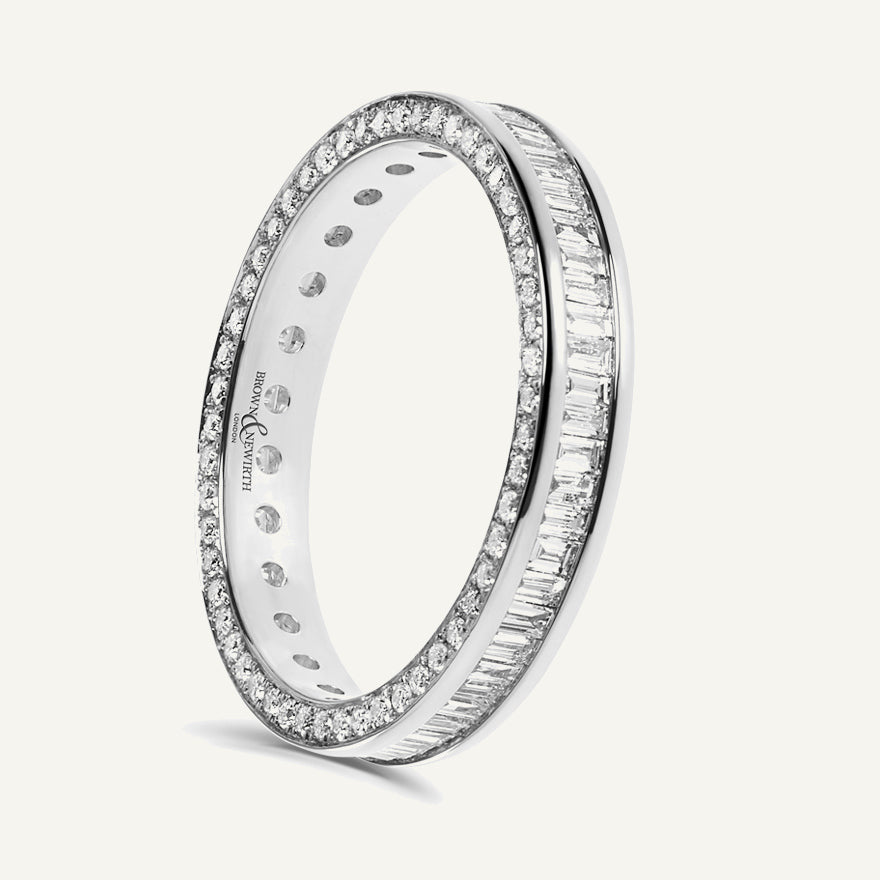 Baguette & Round Brilliant Cut, Channel Centre, Micro Pave Edge Diamond Eternity Ring
