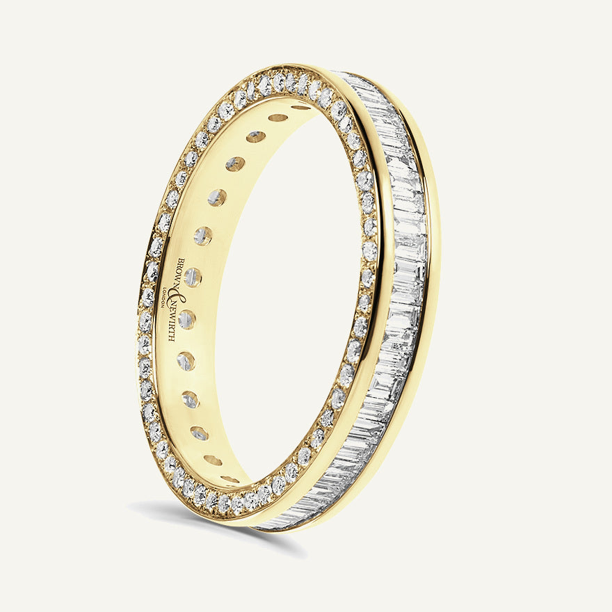 Baguette & Round Brilliant Cut, Channel Centre, Micro Pave Edge Diamond Eternity Ring