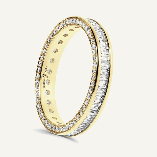 Baguette & Round Brilliant Cut, Channel Centre, Micro Pave Edge Diamond Eternity Ring