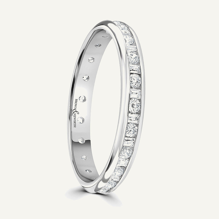 Round Brilliant & Baguette Cut, Channel, Courted Diamond Eternity Ring