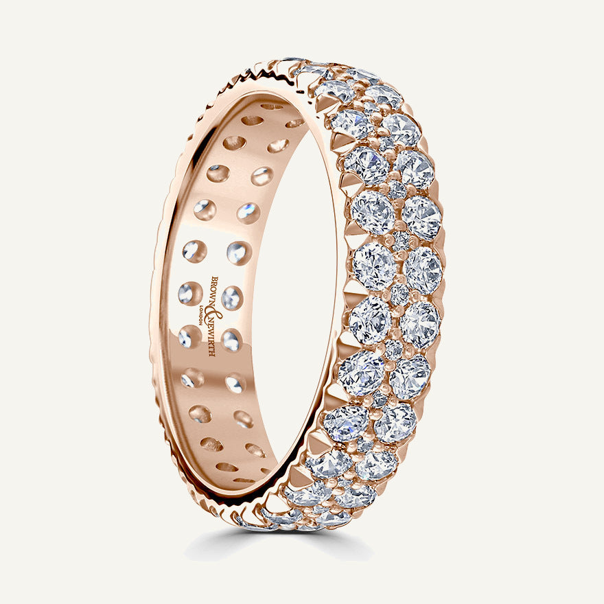 Round Brilliant Cut, Hopscotch Kiss Claw, Three Row Diamond Eternity Ring