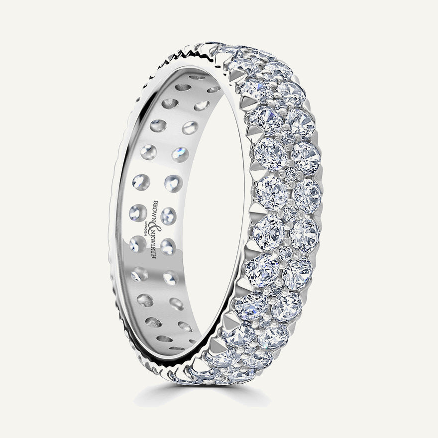 Round Brilliant Cut, Hopscotch Kiss Claw, Three Row Diamond Eternity Ring