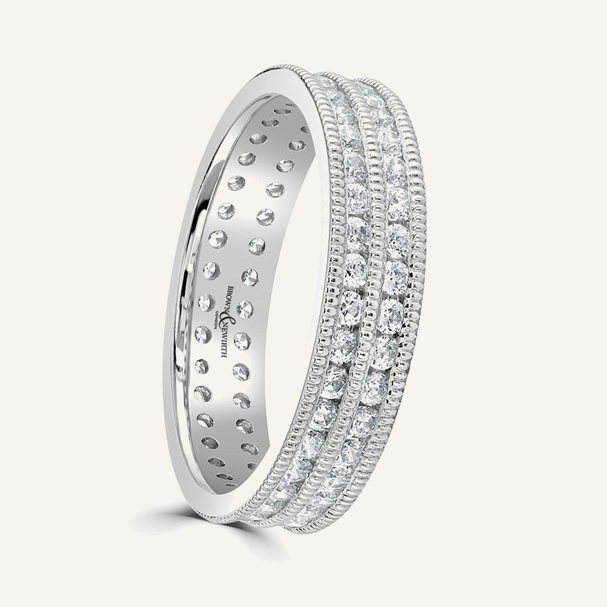 Round Brilliant Cut, Millgrain Channel, Double Row Diamond Eternity Ring
