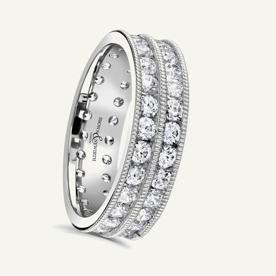 Round Brilliant Cut, Millgrain Channel, Double Row Diamond Eternity Ring