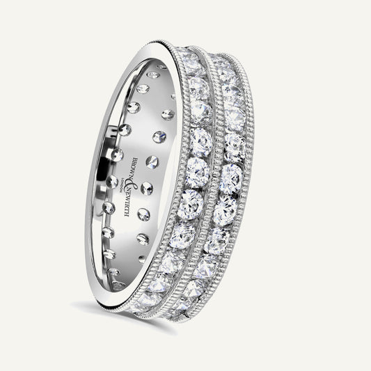 Round Brilliant Cut, Millgrain Channel, Double Row Diamond Eternity Ring