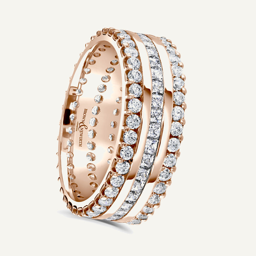Round Brilliant Cut, Claw & Channel, Three Row Diamond Eternity Ring