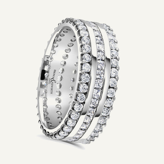 Round Brilliant Cut, Claw & Channel, Three Row Diamond Eternity Ring