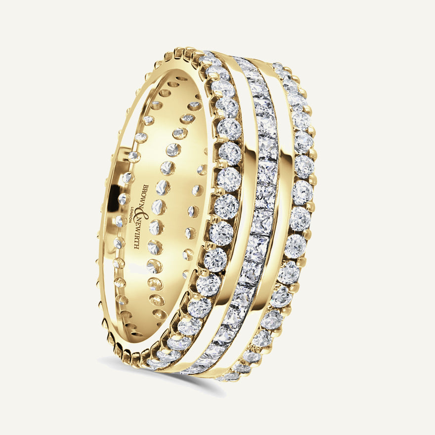 Round Brilliant Cut, Claw & Channel, Three Row Diamond Eternity Ring