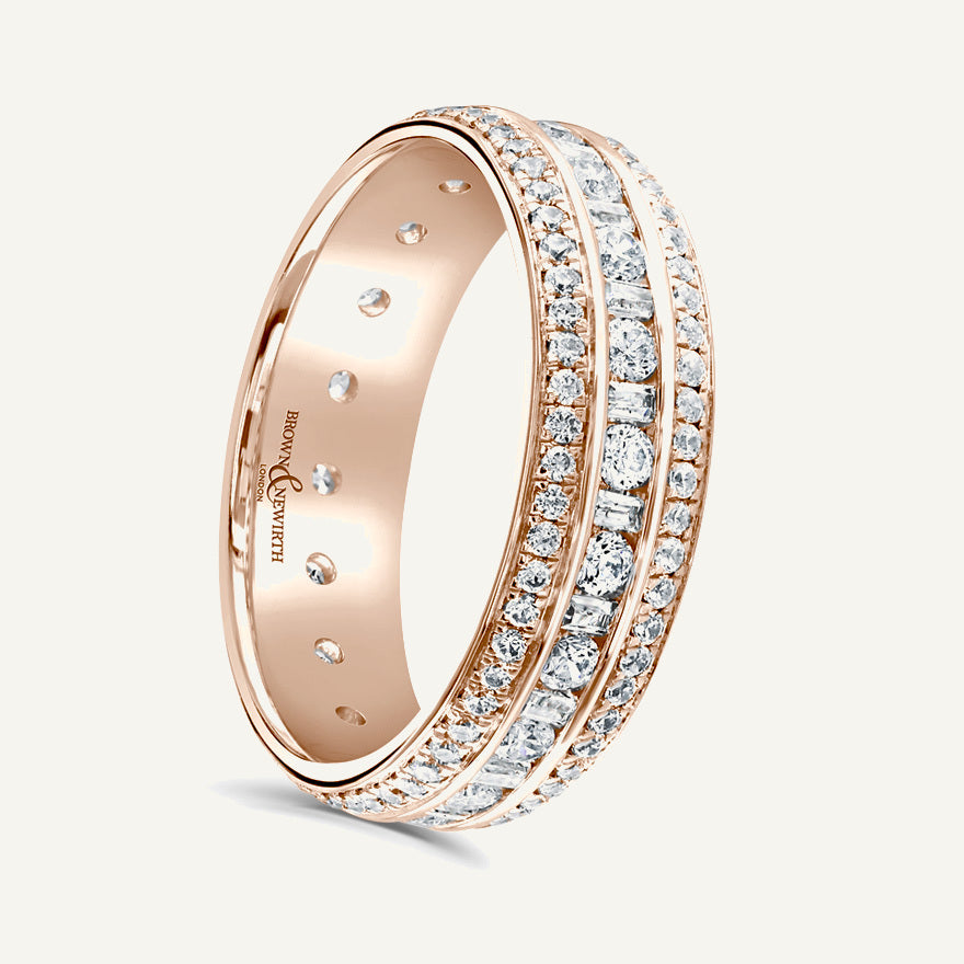 Round Brilliant & Baguette Cut, Channel & Micro Pave, Multi-Row Diamond Eternity Ring