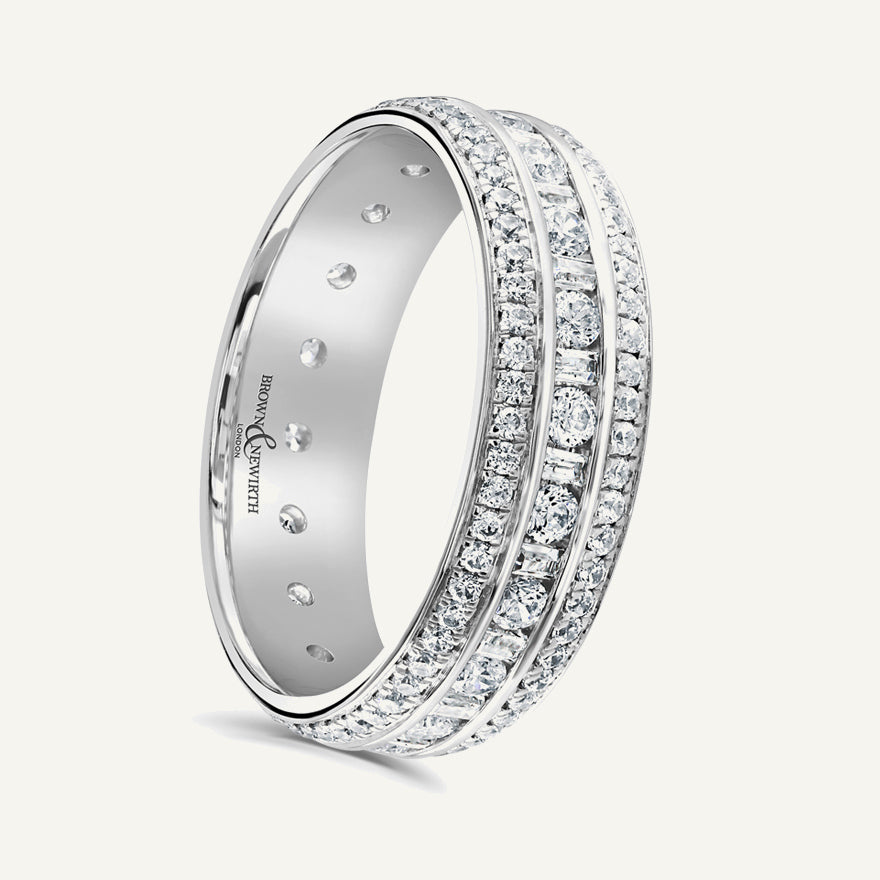 Round Brilliant & Baguette Cut, Channel & Micro Pave, Multi-Row Diamond Eternity Ring