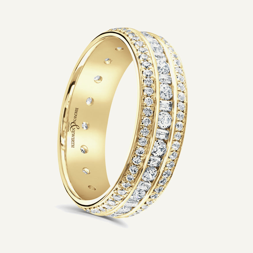 Round Brilliant & Baguette Cut, Channel & Micro Pave, Multi-Row Diamond Eternity Ring
