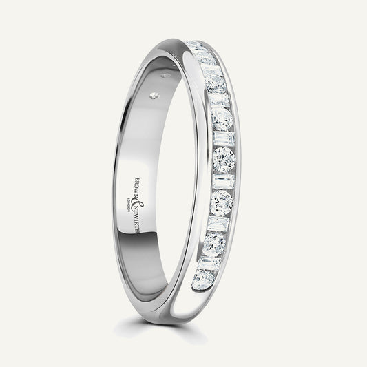 Round Brilliant & Baguette Cut, Channel, Courted Diamond Eternity Ring