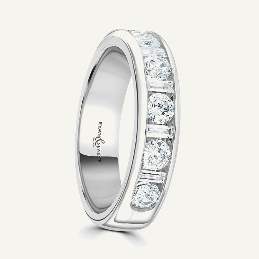 Round Brilliant & Baguette Cut, Channel, Courted Diamond Eternity Ring