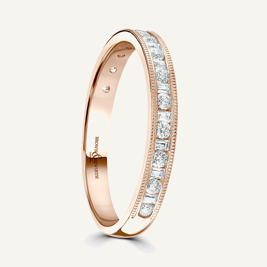 Round Brilliant & Baguette Cut, Millgrain Channel, Courted Diamond Eternity Ring