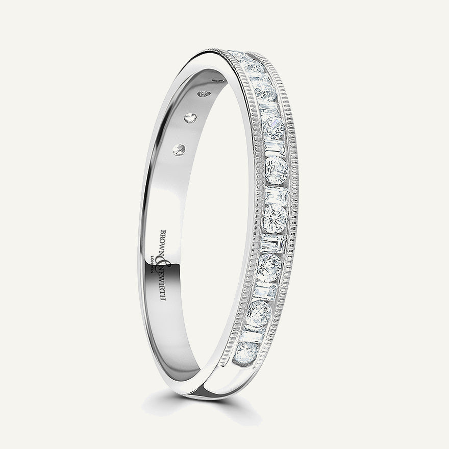 Round Brilliant & Baguette Cut, Millgrain Channel, Courted Diamond Eternity Ring