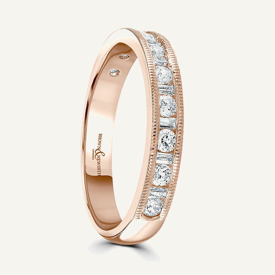 Round Brilliant & Baguette Cut, Millgrain Channel, Courted Diamond Eternity Ring