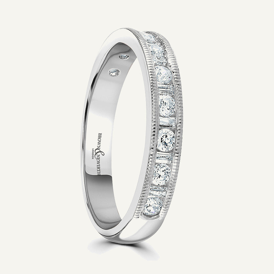 Round Brilliant & Baguette Cut, Millgrain Channel, Courted Diamond Eternity Ring