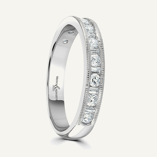 Round Brilliant & Baguette Cut, Millgrain Channel, Courted Diamond Eternity Ring