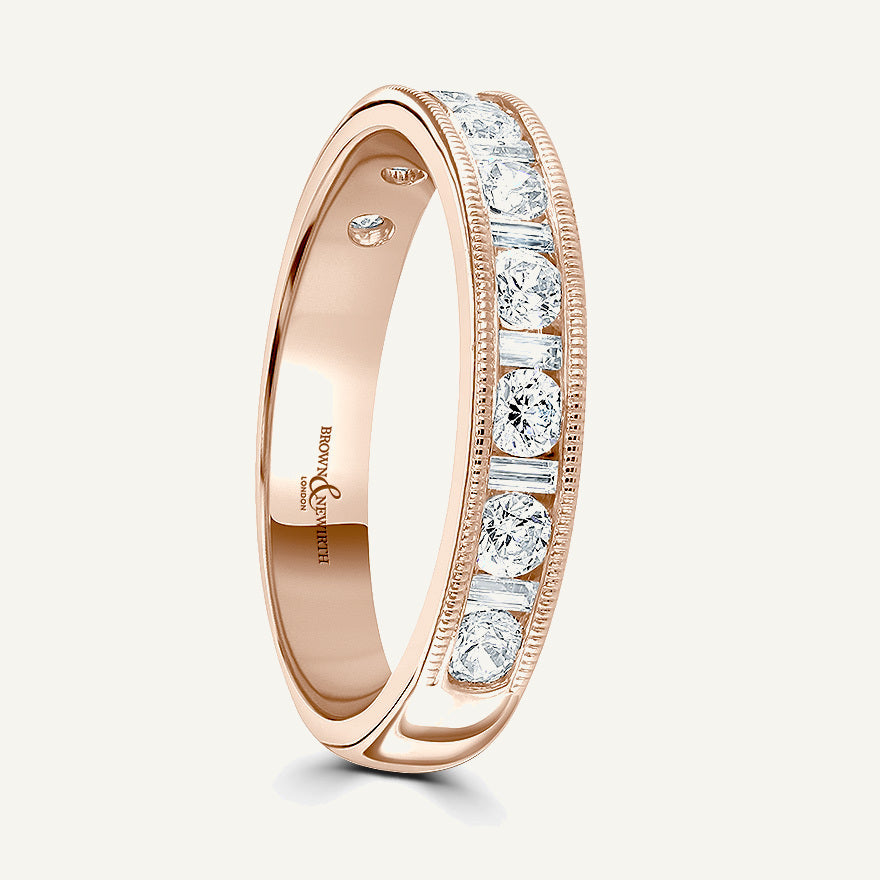 Round Brilliant & Baguette Cut, Millgrain Channel, Courted Diamond Eternity Ring
