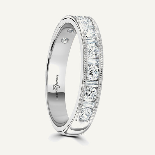 Round Brilliant & Baguette Cut, Millgrain Channel, Courted Diamond Eternity Ring