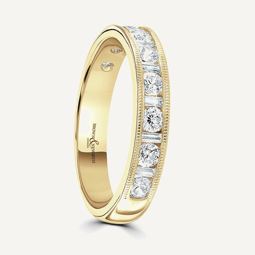 Round Brilliant & Baguette Cut, Millgrain Channel, Courted Diamond Eternity Ring