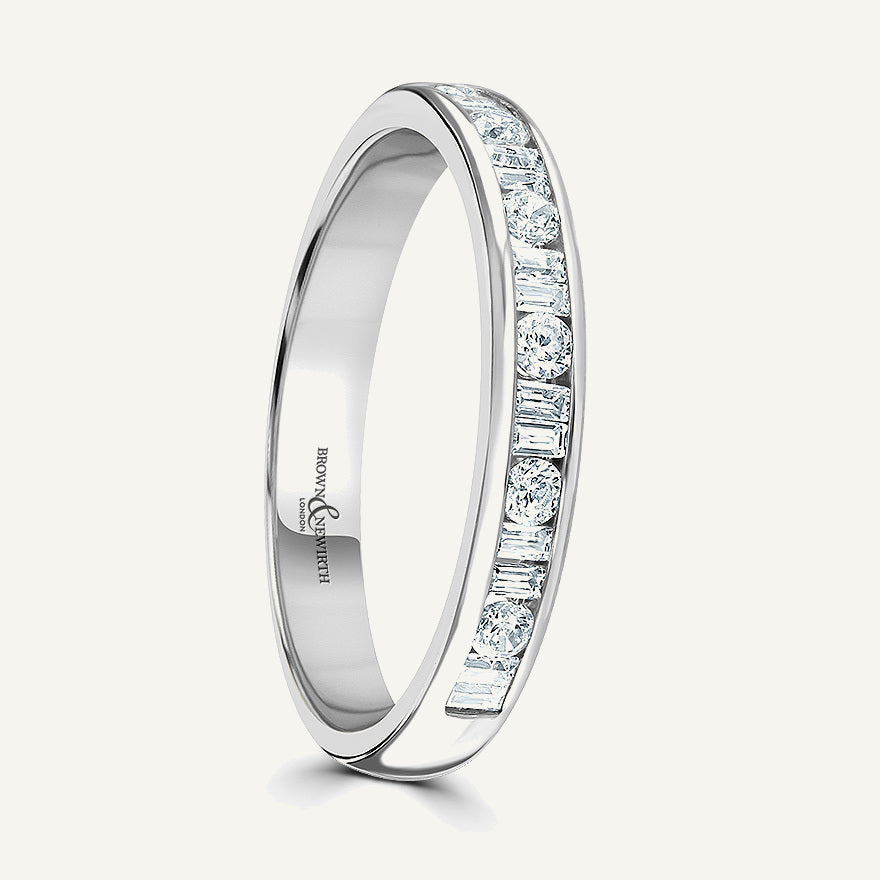 Round Brilliant & Double Baguette Cut, Channel, Courted Diamond Eternity Ring