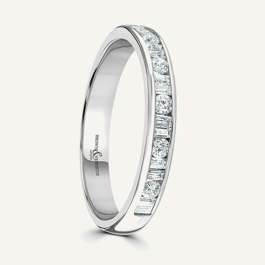 Round Brilliant & Double Baguette Cut, Channel, Courted Diamond Eternity Ring