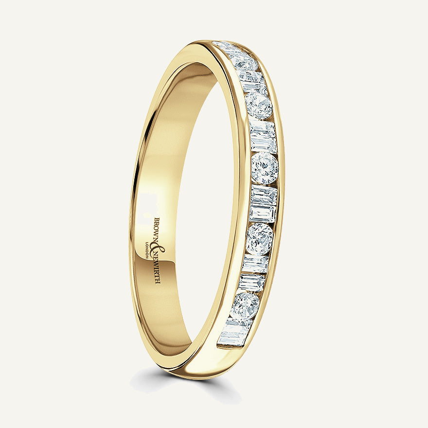 Round Brilliant & Double Baguette Cut, Channel, Courted Diamond Eternity Ring