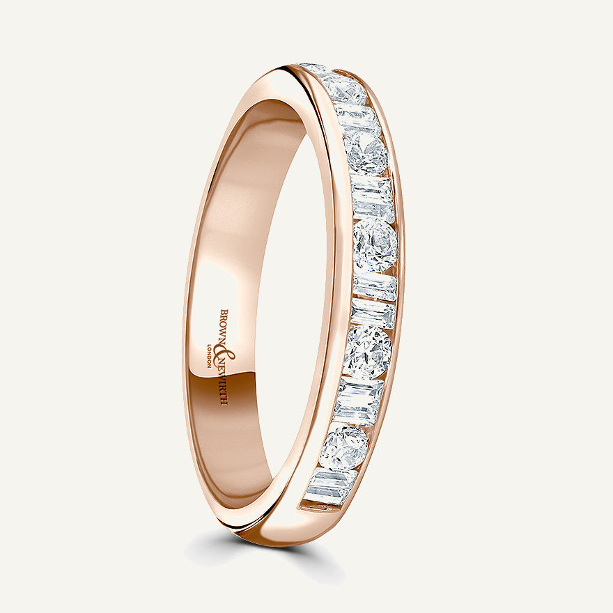 Round Brilliant & Double Baguette Cut, Channel, Courted Diamond Eternity Ring