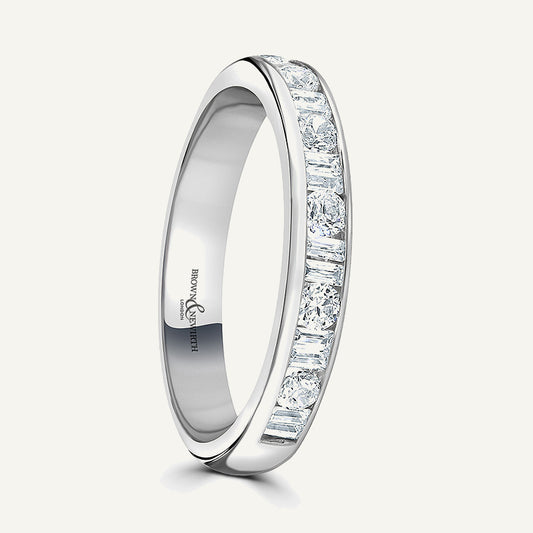 Round Brilliant & Double Baguette Cut, Channel, Courted Diamond Eternity Ring