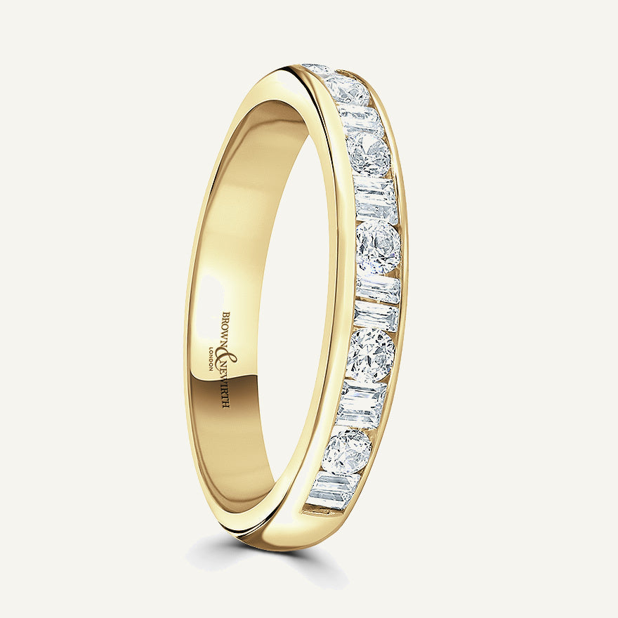 Round Brilliant & Double Baguette Cut, Channel, Courted Diamond Eternity Ring