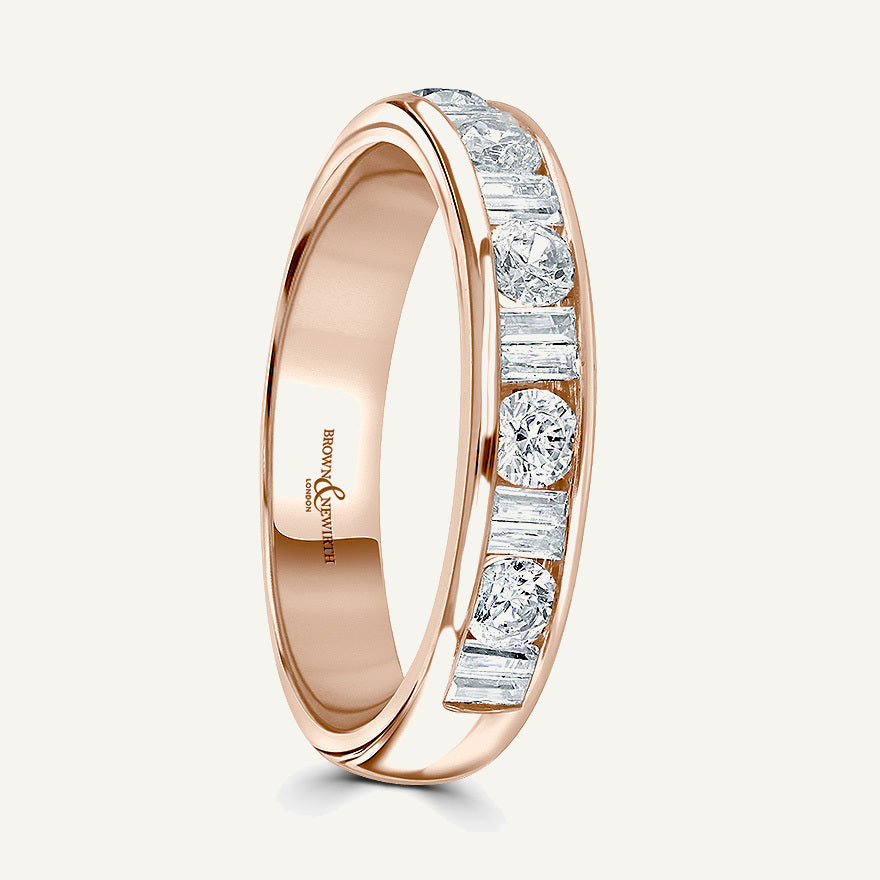 Round Brilliant & Double Baguette Cut, Channel, Courted Diamond Eternity Ring