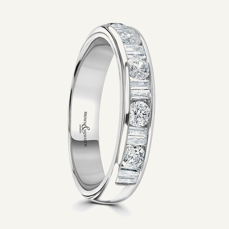 Round Brilliant & Double Baguette Cut, Channel, Courted Diamond Eternity Ring