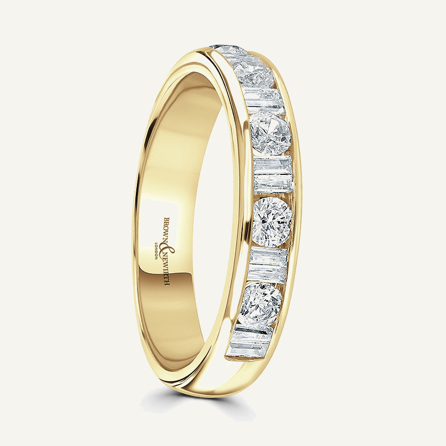 Round Brilliant & Double Baguette Cut, Channel, Courted Diamond Eternity Ring